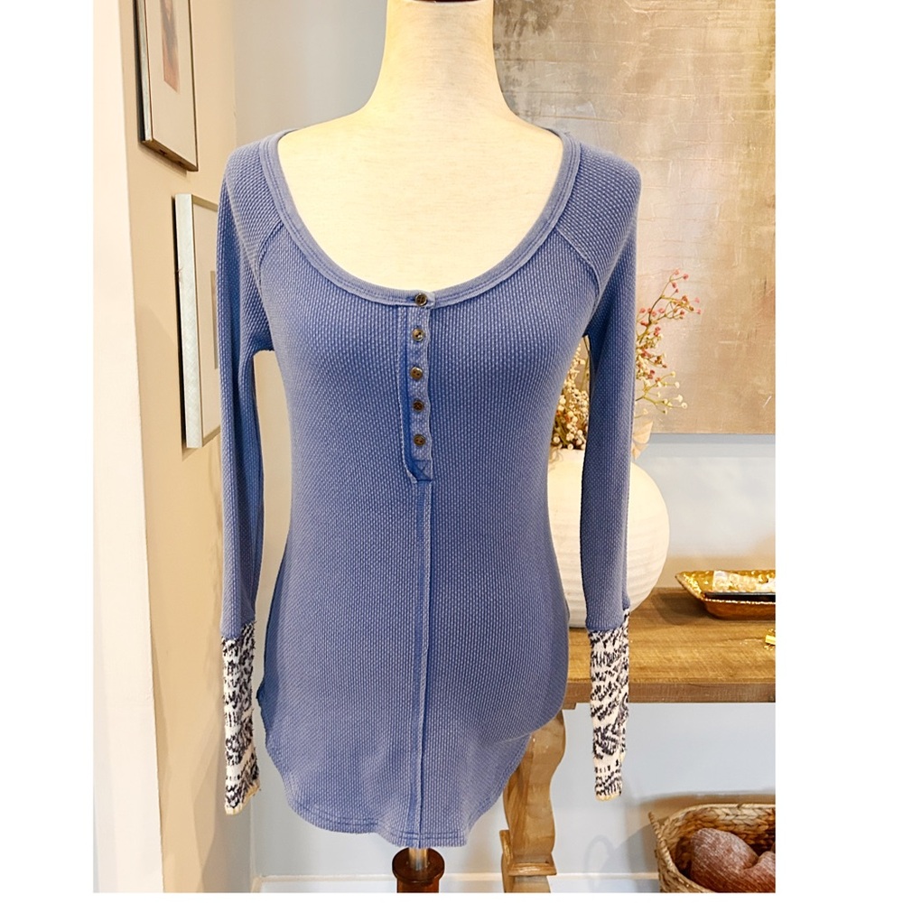 Free People Alpine Cuff Henley Thermal Shirt Blue Ski Lodge Sz S - Picture 2 of 6
